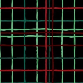 Messy grid freehand painted tartan design Christmas check seasonal holidays plaid mint green burgundy red on black