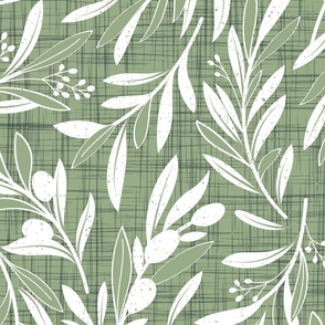 Large jumbo scale // Peaceful olive branches // sage green linen texture background white olive tree leaves and olives
