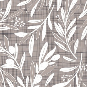 Large jumbo scale // Peaceful olive branches // martini brown linen texture background white olive tree leaves and olives