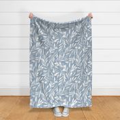 Peaceful olive branches // large jumbo scale // pastel blue linen texture background white olive tree leaves and olives