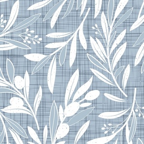 Peaceful olive branches // large jumbo scale // pastel blue linen texture background white olive tree leaves and olives