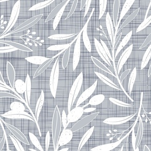 Large jumbo scale // Peaceful olive branches // light grey linen texture background white olive tree leaves and olives