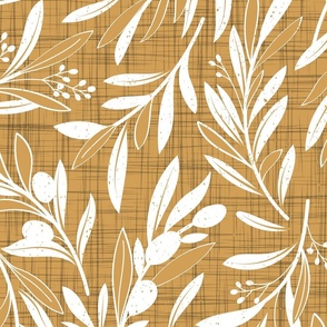 Large jumbo scale // Peaceful olive branches // rob roy yellow linen texture background white olive tree leaves and olives