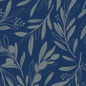 Large jumbo scale // Peaceful olive branches // navy blue background green grey olive tree leaves and olives