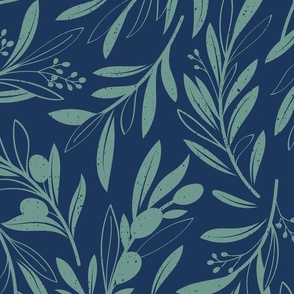 Large jumbo scale // Peaceful olive branches // navy blue background granny smith green olive tree leaves and olives