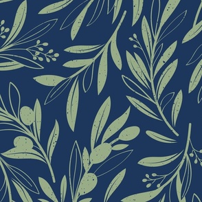 Large jumbo scale // Peaceful olive branches // navy blue background sage green olive tree leaves and olives