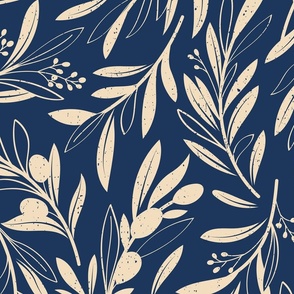 Large jumbo scale // Peaceful olive branches // navy blue background ivory olive tree leaves and olives