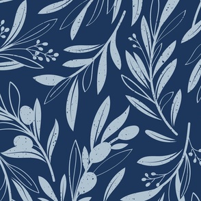 Large jumbo scale // Peaceful olive branches // navy blue background pastel blue olive tree leaves and olives