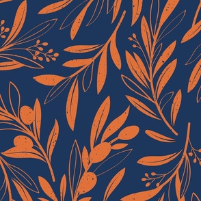 Large jumbo scale // Peaceful olive branches // navy blue background gold drop orange olive tree leaves and olives