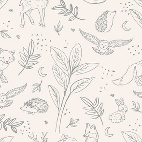 Woodland animals autumn garden deer foxes bunnies hedgehogs and owls freehand outline gray on nude blush