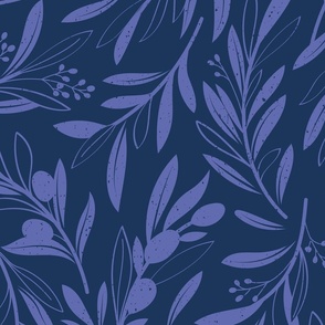 Large jumbo scale // Peaceful olive branches // navy blue background very peri olive tree leaves and olives