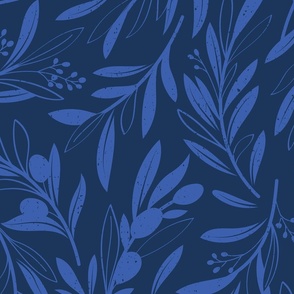 Large jumbo scale // Peaceful olive branches // navy blue background electric blue olive tree leaves and olives