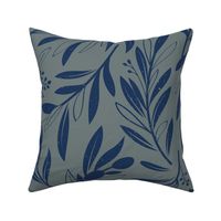 Large jumbo scale // Peaceful olive branches // green grey background navy blue olive tree leaves and olives