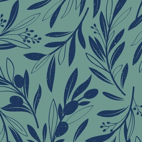 Large jumbo scale // Peaceful olive branches // granny smith green background navy blue olive tree leaves and olives