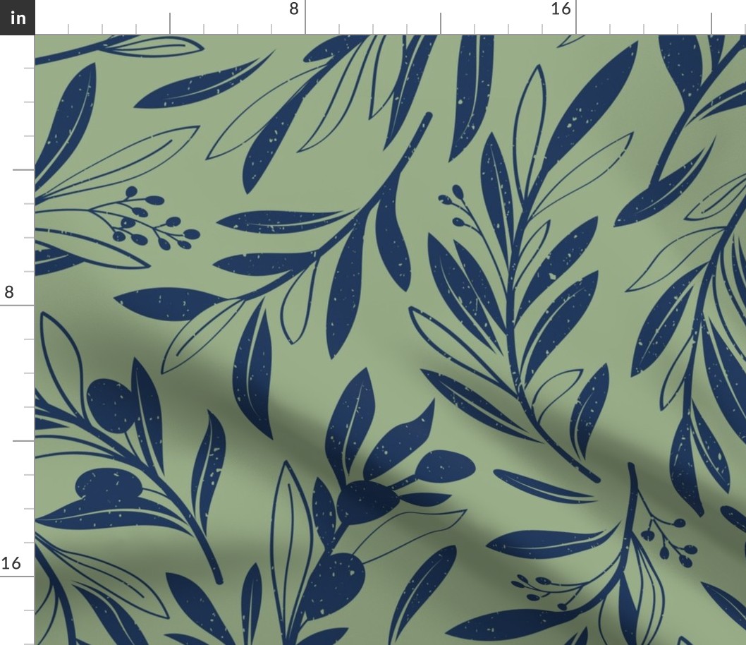 Large jumbo scale // Peaceful olive branches // sage green background navy blue olive tree leaves and olives