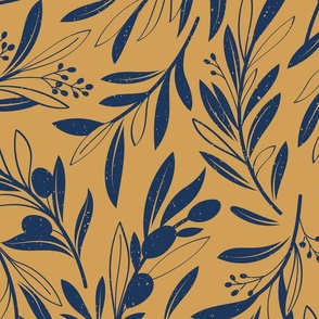 Large jumbo scale // Peaceful olive branches // rob roy yellow background navy blue olive tree leaves and olives