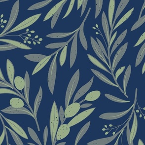 Large jumbo scale // Peaceful olive branches // navy background green grey and sage green olive tree leaves and olives