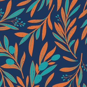 Large jumbo scale // Peaceful olive branches // navy background peacock and gold drop orange olive tree leaves and olives
