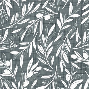 Small scale // Peaceful olive branches // green grey linen texture background white olive tree leaves and olives