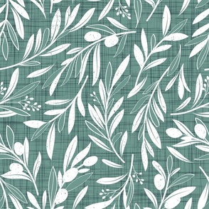 Normal scale // Peaceful olive branches // granny smith green linen texture background white olive tree leaves and olives
