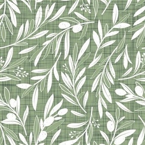 Small scale // Peaceful olive branches // sage green linen texture background white olive tree leaves and olives