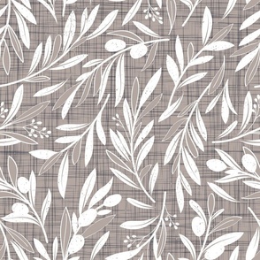 Normal scale // Peaceful olive branches // martini brown linen texture background white olive tree leaves and olives