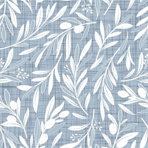Normal scale // Peaceful olive branches // pastel blue linen texture background white olive tree leaves and olives