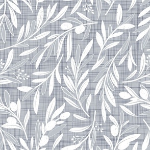 Normal scale // Peaceful olive branches // light grey linen texture background white olive tree leaves and olives