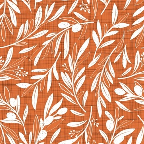 Normal scale // Peaceful olive branches // gold drop orange linen texture background white olive tree leaves and olives