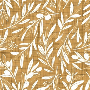 Normal scale // Peaceful olive branches // rob roy yellow linen texture background white olive tree leaves and olives