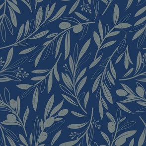 Normal scale // Peaceful olive branches // navy blue background green grey olive tree leaves and olives