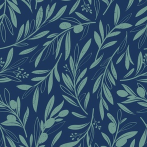 Normal scale // Peaceful olive branches // navy blue background granny smith green olive tree leaves and olives