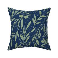 Normal scale // Peaceful olive branches // navy blue background sage green olive tree leaves and olives