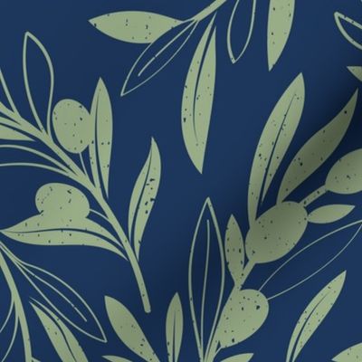 Normal scale // Peaceful olive branches // navy blue background sage green olive tree leaves and olives