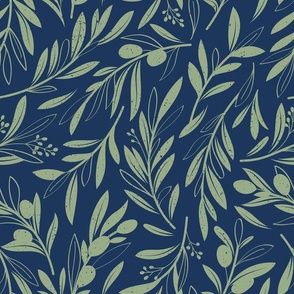 Normal scale // Peaceful olive branches // navy blue background sage green olive tree leaves and olives