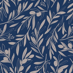 Normal scale // Peaceful olive branches // navy blue background martini brown olive tree leaves and olives