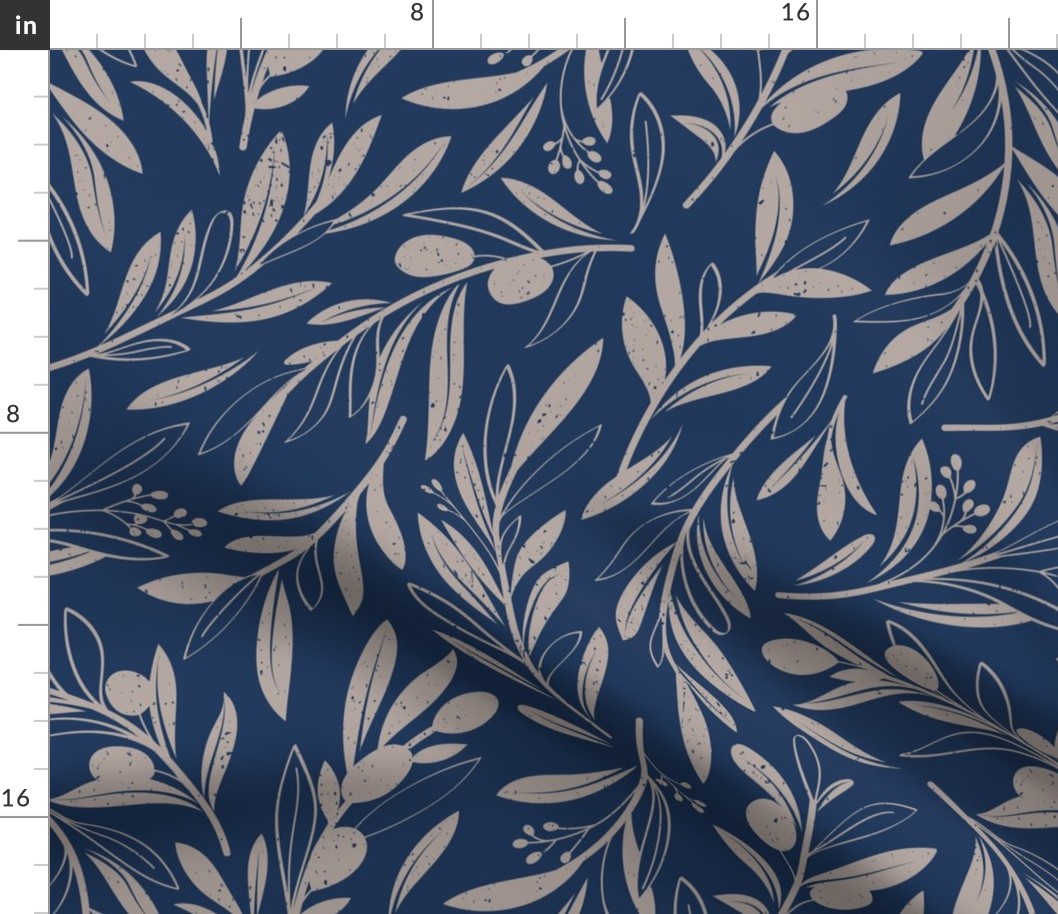 Normal scale // Peaceful olive branches // navy blue background martini brown olive tree leaves and olives