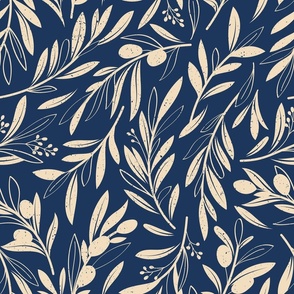 Normal scale // Peaceful olive branches // navy blue background ivory olive tree leaves and olives