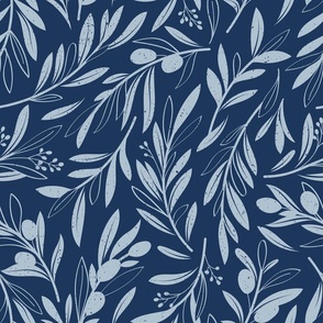 Normal scale // Peaceful olive branches // navy blue background pastel blue olive tree leaves and olives