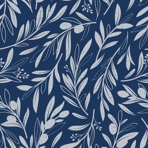 Normal scale // Peaceful olive branches // navy blue background light grey olive tree leaves and olives