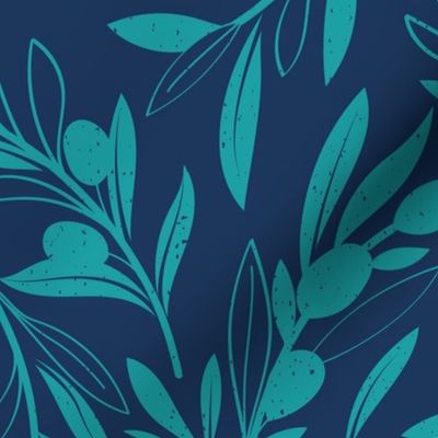 Normal scale // Peaceful olive branches // navy blue background peacock olive tree leaves and olives