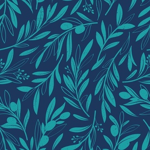 Normal scale // Peaceful olive branches // navy blue background peacock olive tree leaves and olives