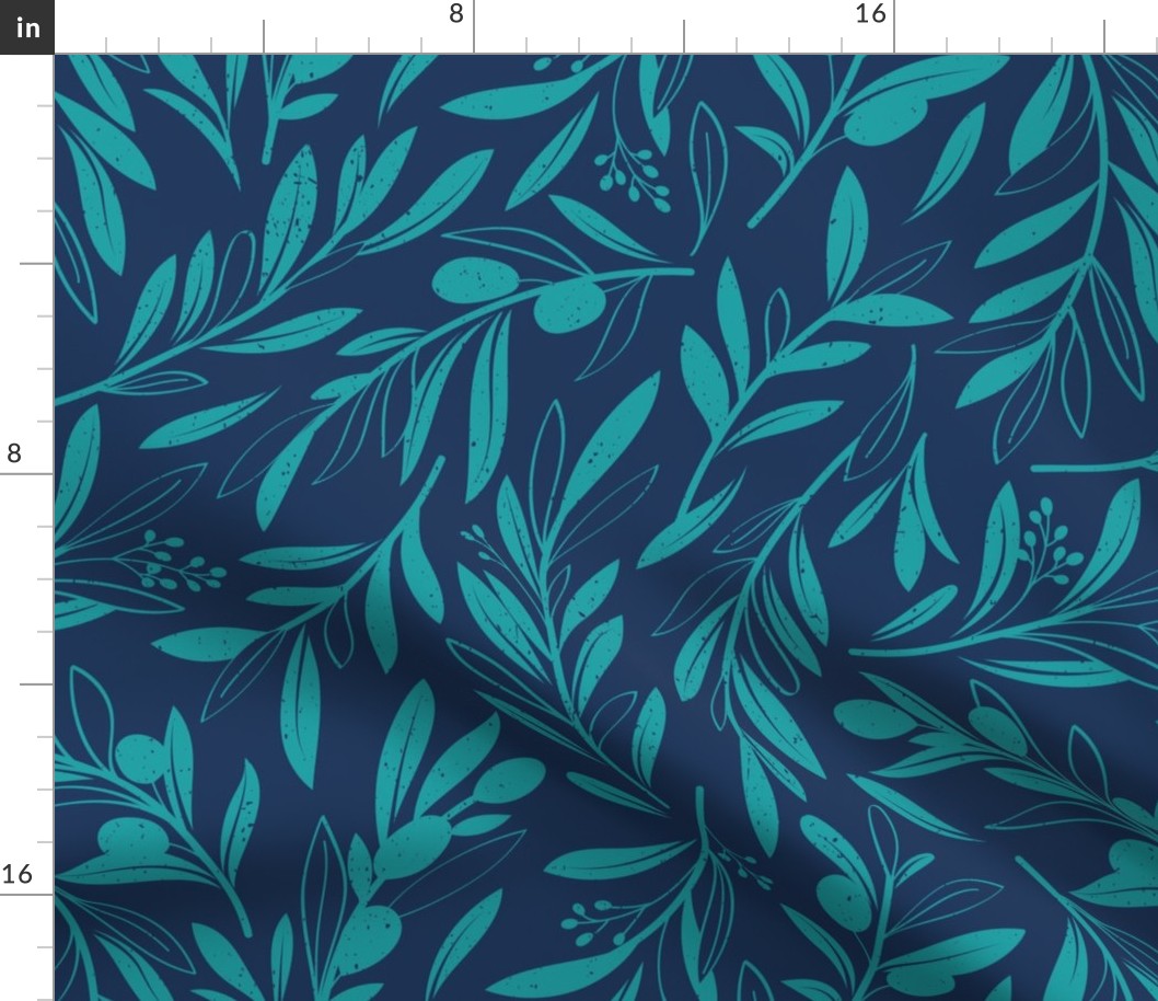 Normal scale // Peaceful olive branches // navy blue background peacock olive tree leaves and olives