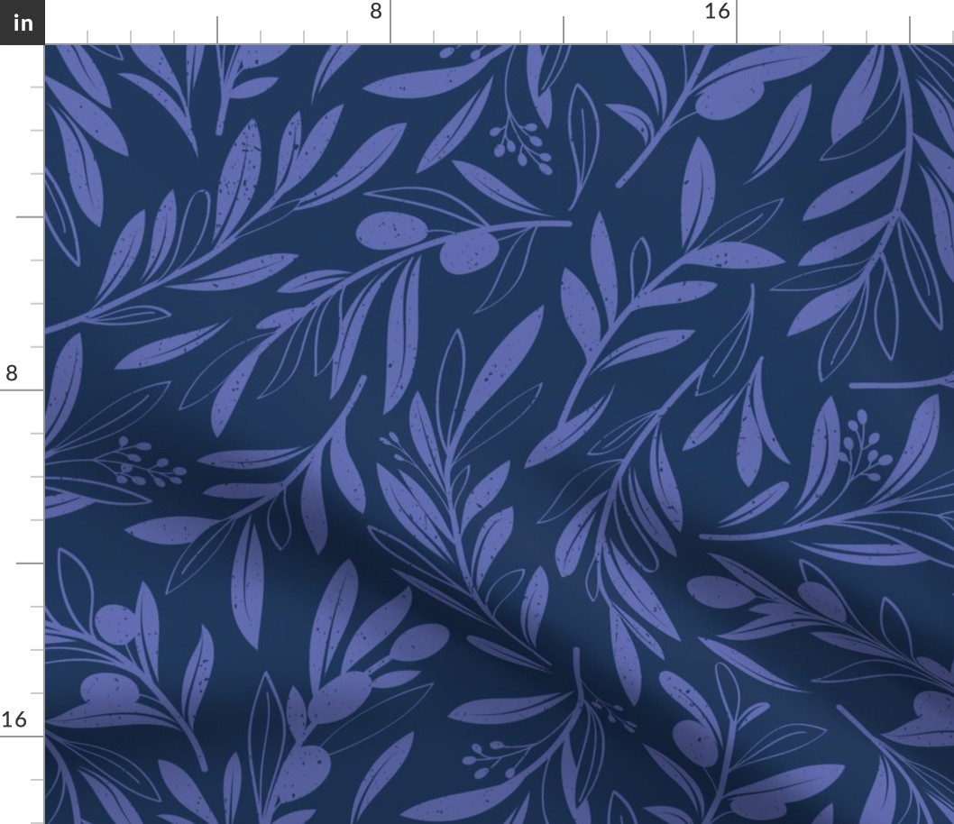 Normal scale // Peaceful olive branches // navy blue background very peri olive tree leaves and olives