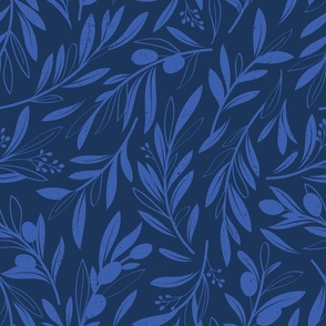 Normal scale // Peaceful olive branches // navy blue background electric blue olive tree leaves and olives