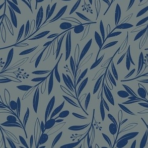 Small scale // Peaceful olive branches // green grey background navy blue olive tree leaves and olives