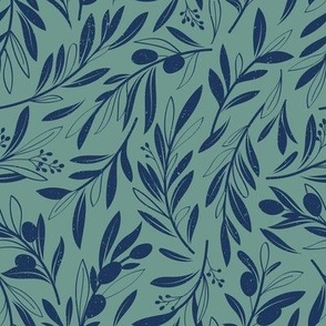 Small scale // Peaceful olive branches // granny smith green background navy blue olive tree leaves and olives