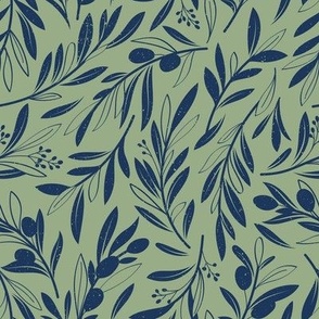 Small scale // Peaceful olive branches // sage green background navy blue olive tree leaves and olives