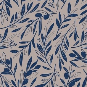 Small scale // Peaceful olive branches // martini brown background navy blue olive tree leaves and olives