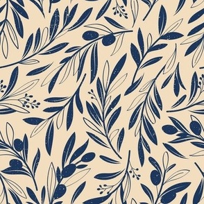 Small scale // Peaceful olive branches // ivory background navy blue olive tree leaves and olives